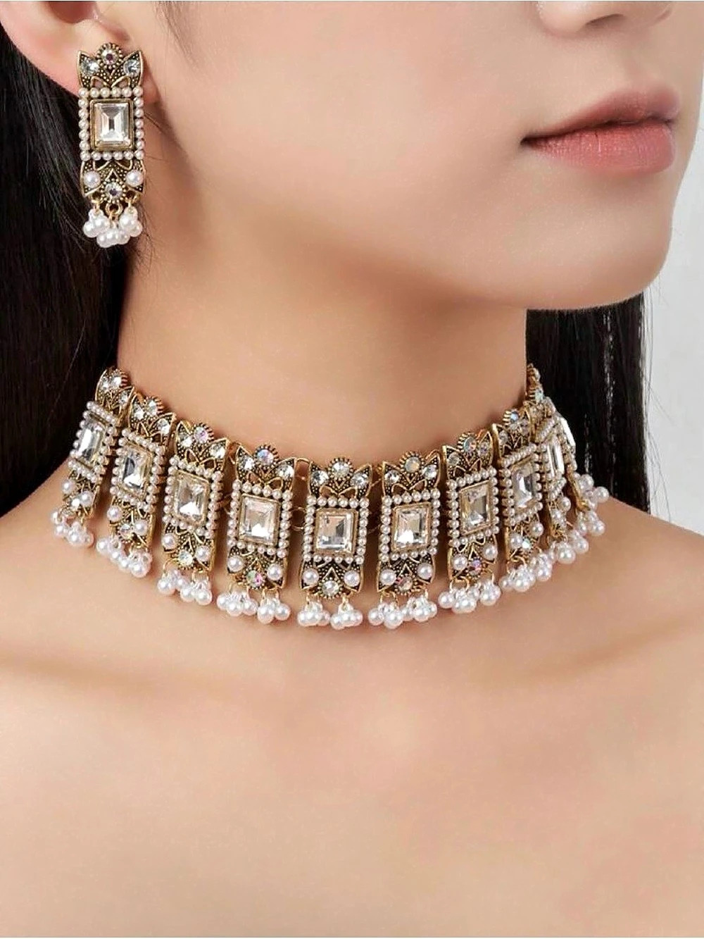 Vintage Pearl & Crystal Statement Choker Necklace Set - Picture 4 of 6